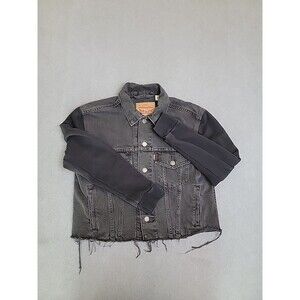 Levis Jean Jacket Womens S Black Denim‎ Knit Sweatshirt Trucker Pockets Frayed